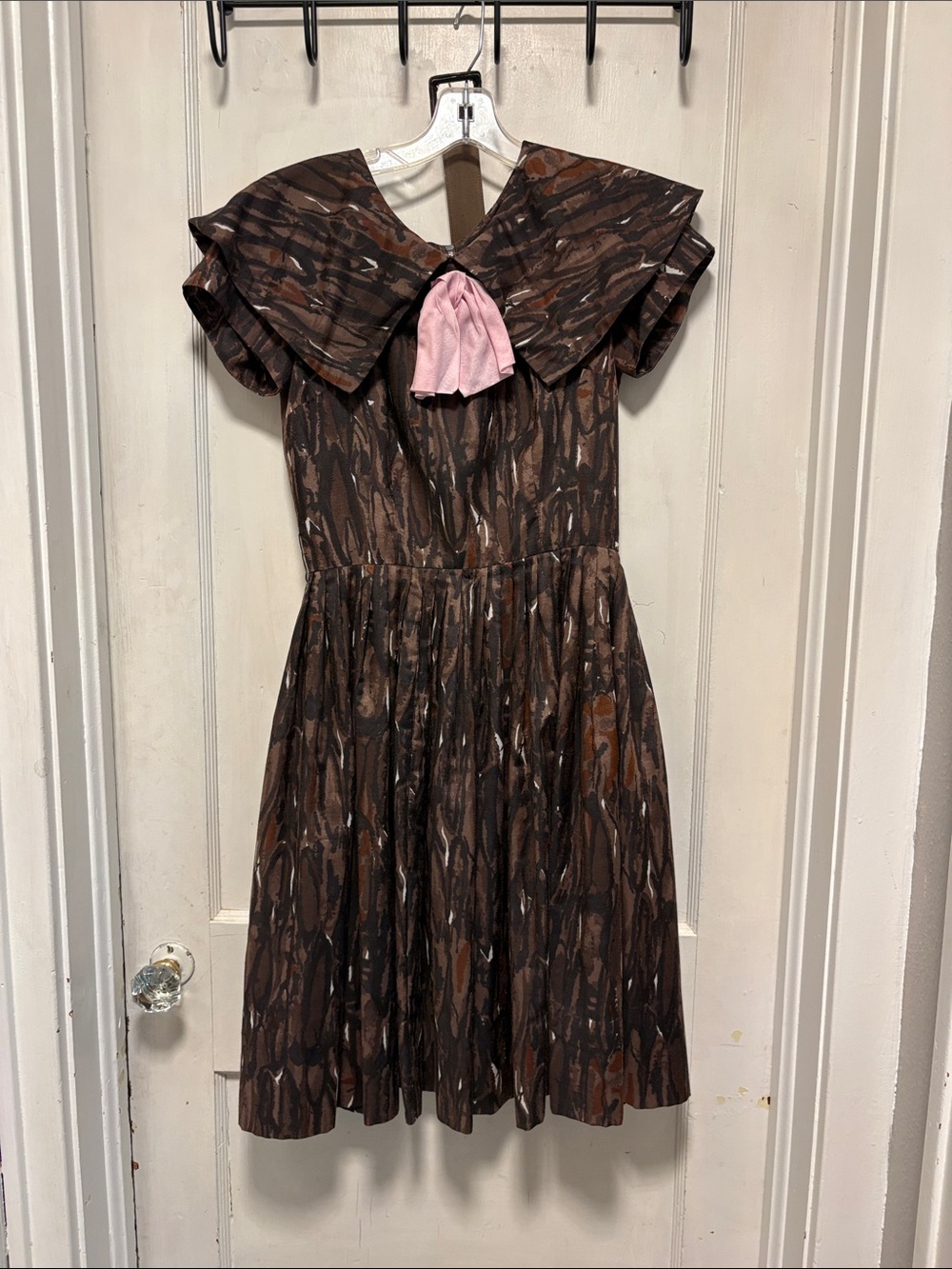 Vintage 50s Sailor Nautical Big Collar Abstract Brown Fit And Flare Belted Dress